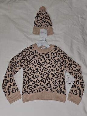 btween Girls Size 5 Animal Print Crew Neck Sweater with Beanie Hat, Browns New